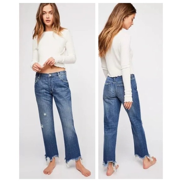 Free People We the Free Maggie Ripped Crop Straight Leg Jeans Size 24 - Picture 1 of 6